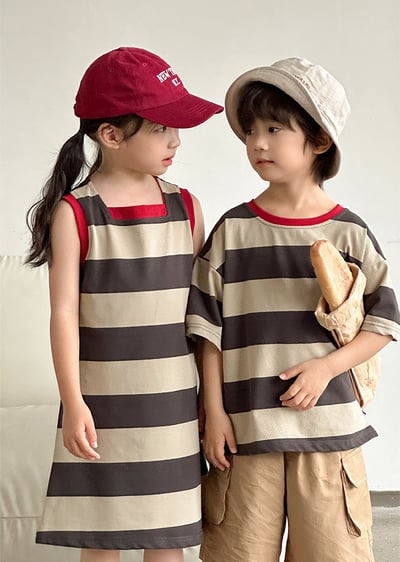 領口撞色寬條紋親子裝7
