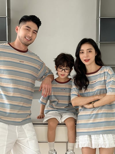 撞色刺繡條紋T恤親子裝2