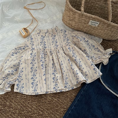 碎花立領花邊娃娃上衣2