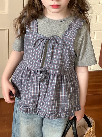 花邊格子綁帶背心上衣兩件套裝5
