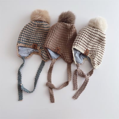 毛球格子護耳毛線帽2