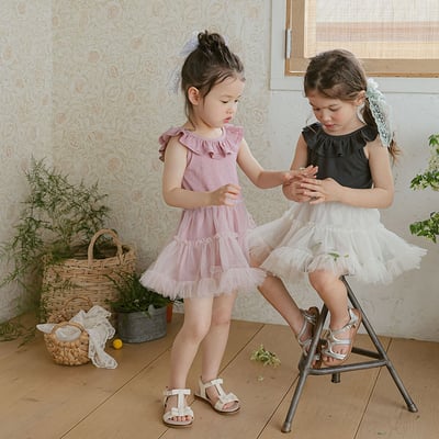 荷葉領拼接紗裙洋裝1