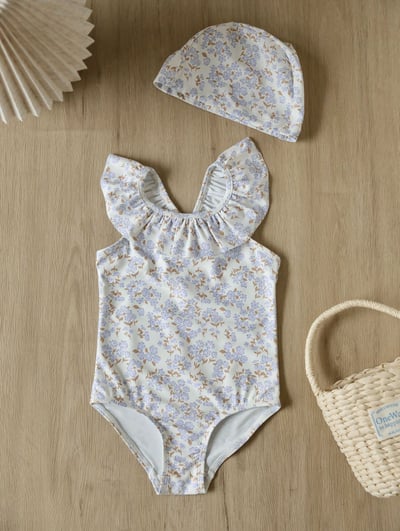 女童荷葉領連身泳裝含泳帽7