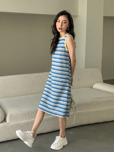 水藍條紋背心連身裙母女裝5