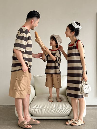 領口撞色寬條紋親子裝2