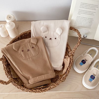 立體小熊耳朵素色長褲-卡其902