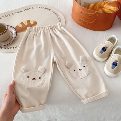 立體小熊耳朵素色長褲-卡其904