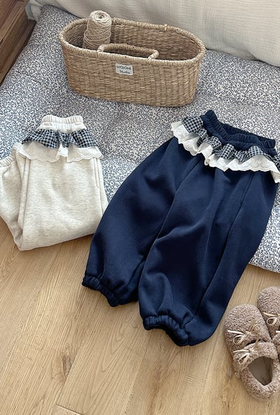 格子花邊加絨束腳褲3