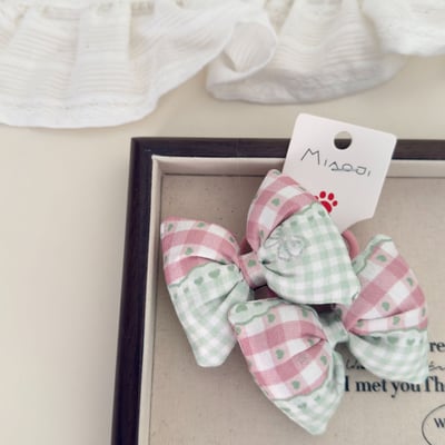 格紋花朵蝴蝶結髮圈5