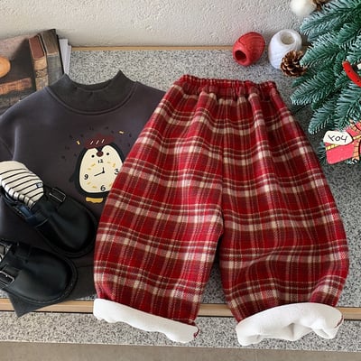 紅色毛呢格紋厚長褲(加絨)1