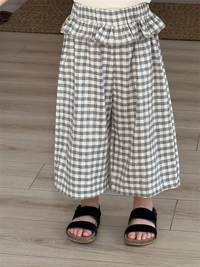 棉麻格子九分寬褲3