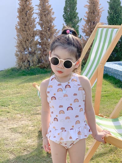 女童背後交叉荷葉泳衣含帽8