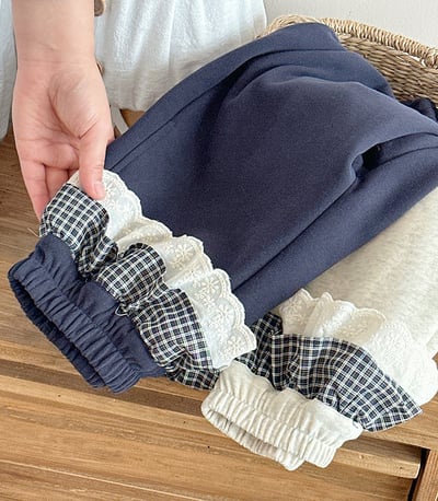 格子花邊加絨束腳褲2