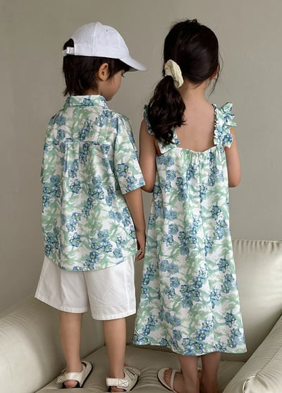 渡假風碎花吊帶長裙襯衫親子裝4