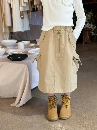 束繩口袋長版工裝裙5