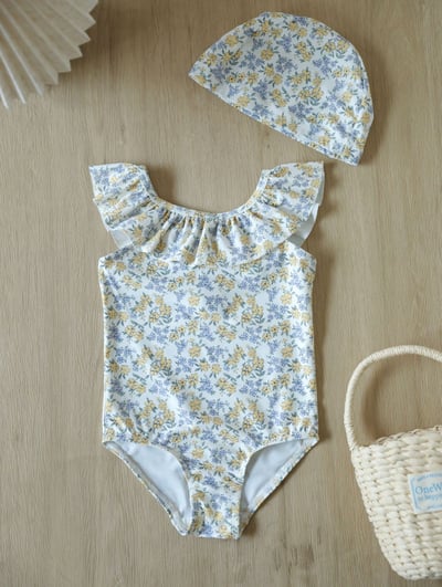 女童荷葉領連身泳裝含泳帽8