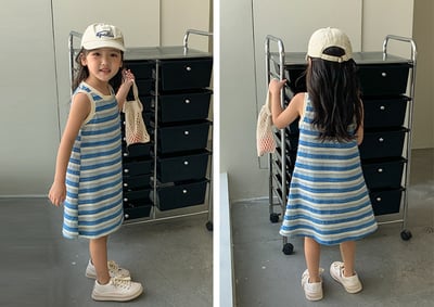 水藍條紋背心連身裙母女裝6