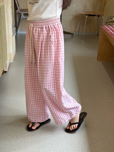綁帶格紋縮口薄長褲5