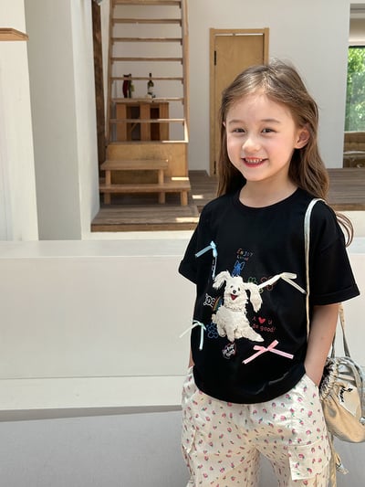 立體蝴蝶結小狗短T7