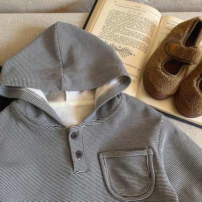 條紋鈕扣口袋休閒帽T8