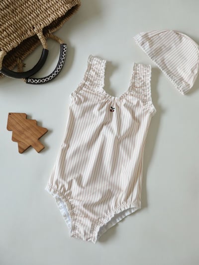 女童條紋連身泳衣含帽3