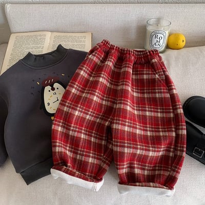 紅色毛呢格紋厚長褲(加絨)2