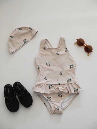 女童背後交叉荷葉泳衣含帽2