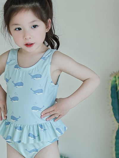 女童花邊連身泳衣含泳帽5