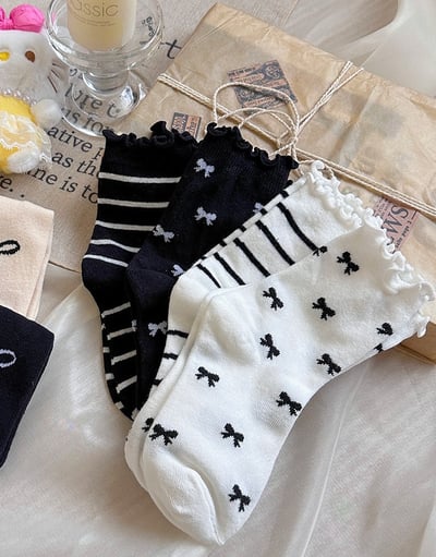 花邊條紋蝴蝶結襪組2