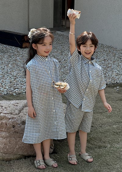 清新藍格紋襯衫系親子裝5