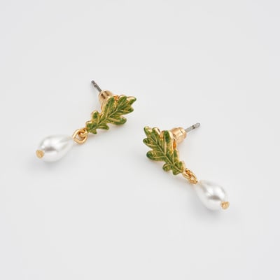 Fable England 綠橡葉珍珠耳環2