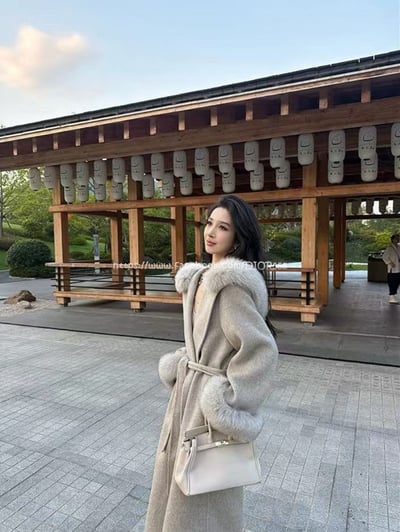 毛領連帽毛呢長板大衣2