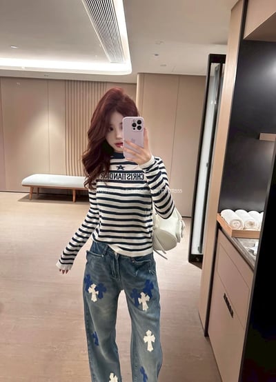 克羅心藍白十字架水洗牛仔褲4