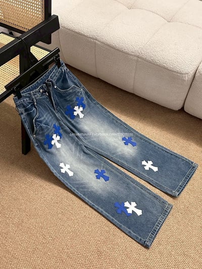 克羅心藍白十字架水洗牛仔褲9