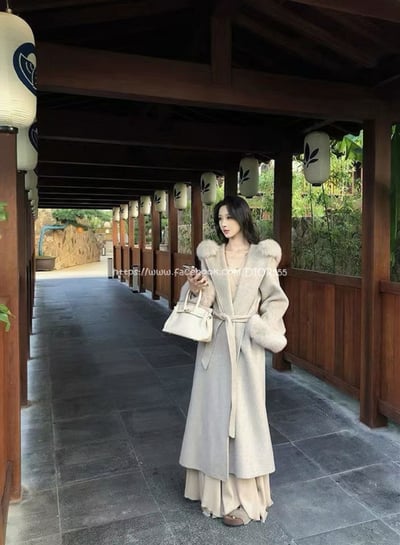 毛領連帽毛呢長板大衣1