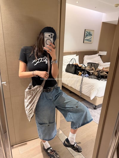 闊腿工裝七分褲6