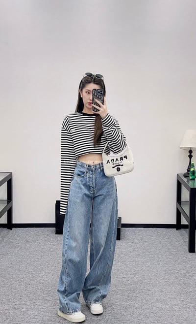 AW高腰褶皺牛仔彎刀褲1