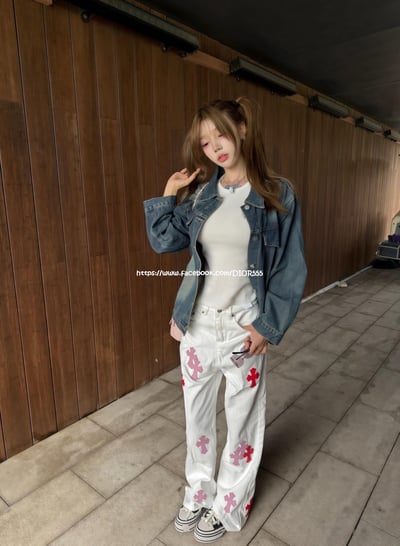 克羅心粉皮十字架白牛仔褲7