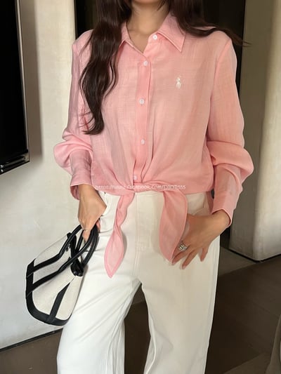 小馬刺繡綁帶棉麻襯衫1