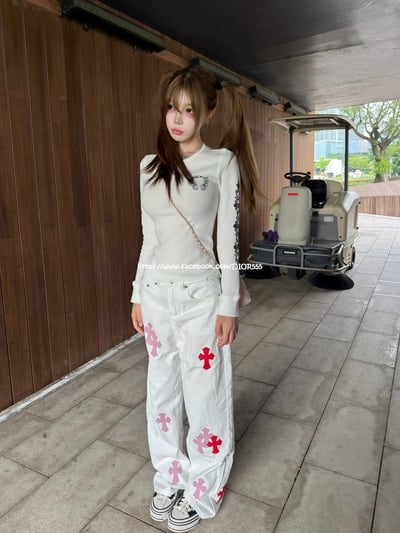 克羅心粉皮十字架白牛仔褲4