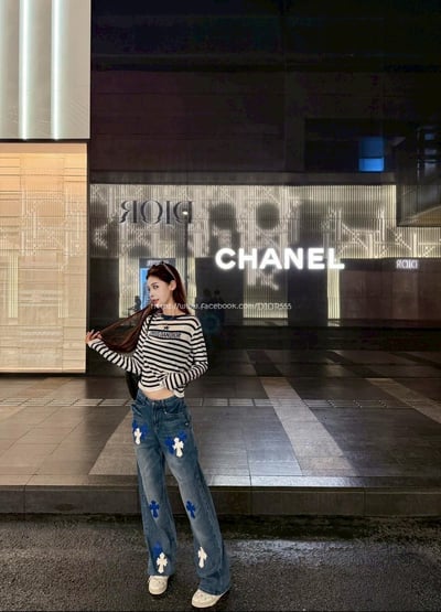 克羅心藍白十字架水洗牛仔褲3