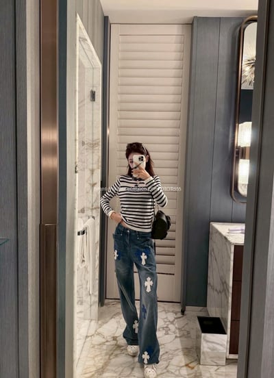 克羅心藍白十字架水洗牛仔褲2