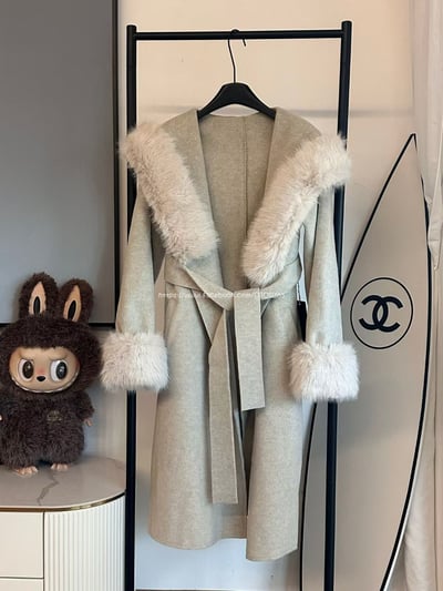 毛領連帽毛呢長板大衣13