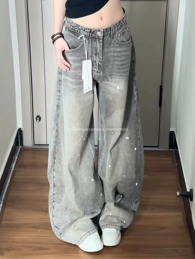 復古水洗做舊灰色潑墨彎刀褲1