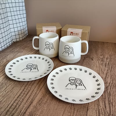 【客製化似顏繪】簡約萌萌頭像—情侶杯盤組1