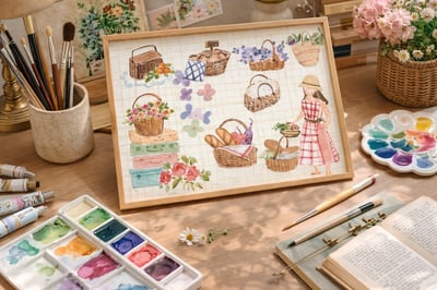 輕水彩：提著藤籃上街去3