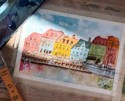 輕水彩課：旅行的記憶／丹麥新港的小房子2