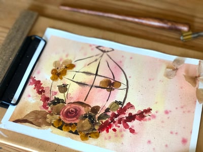 輕水彩課：鳥籠與花3