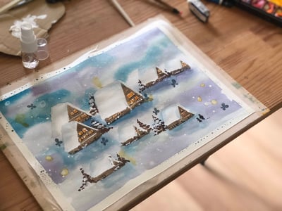 輕水彩課：旅行的記憶／冬日的合掌村4