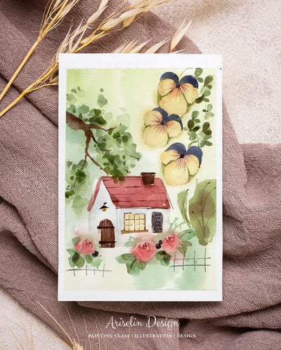 輕水彩課：花朵與小房子2